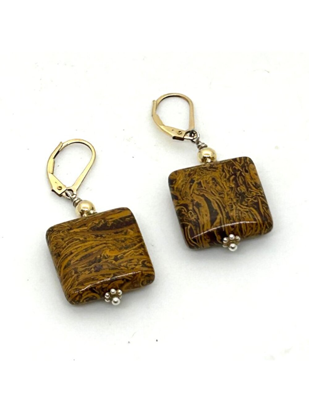 Elephant Skin Jasper Earrings Square Stone Dangle Brown Gold Tone Leverback Boho
